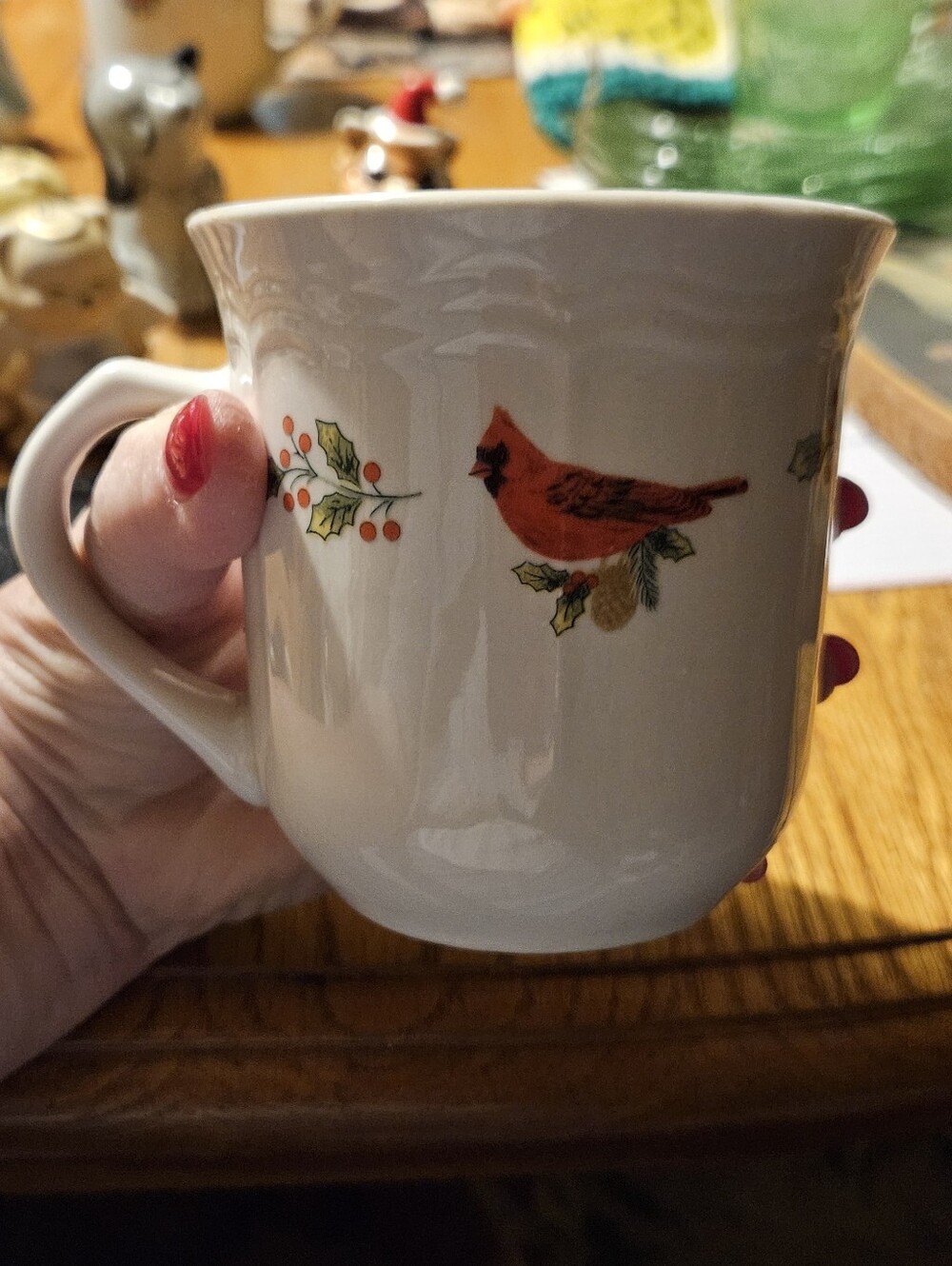 Gibson Cream Mug with Red Cardinal and Green Holly Accents